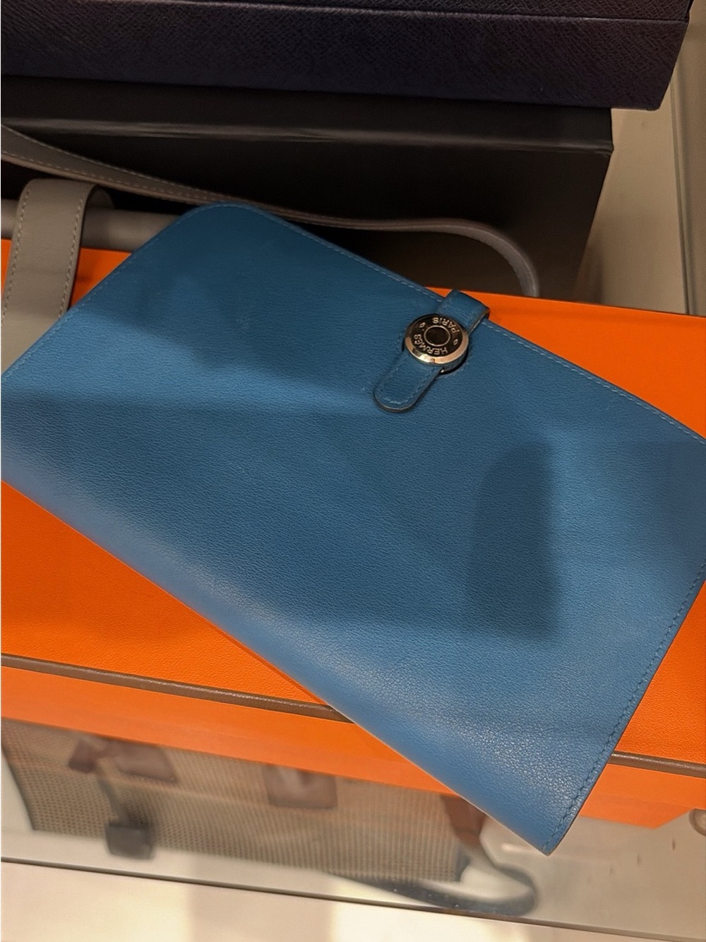 Hermes blue leather wallet with silver hardware